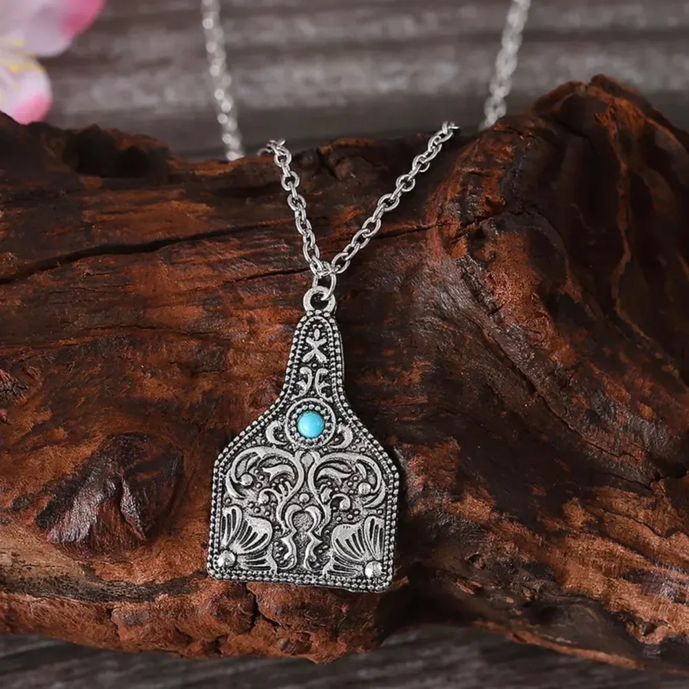 Silver Cow Tag Necklace with Faux Turquoise Stone